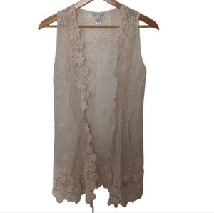 Crochet Sleeveless Duster Vest XS Cream Floral Festival Open Knit Boho Hippie
